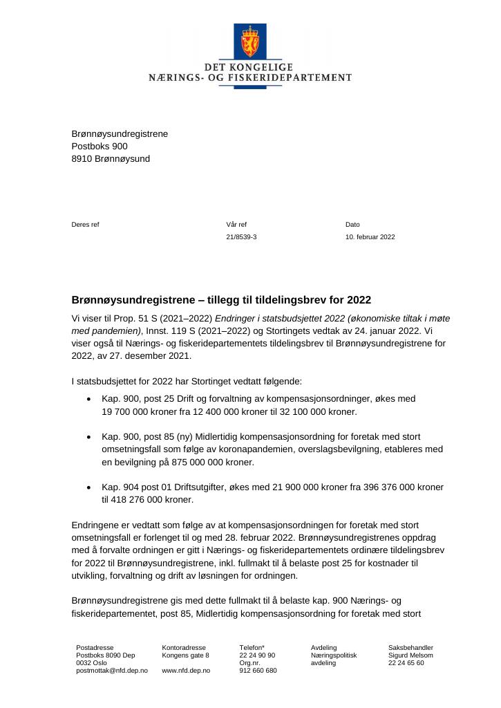 Forsiden av dokumentet Tildelingsbrev Brønnøysundregistrene 2022 - tillegg