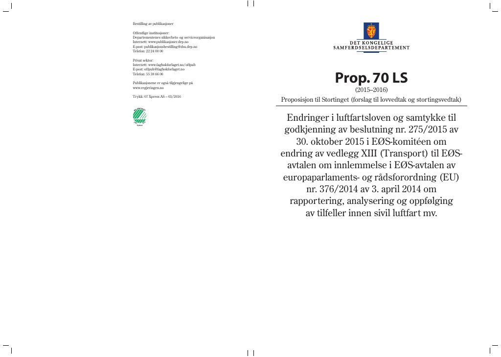 Forsiden av dokumentet Prop. 70 LS (2015–2016)