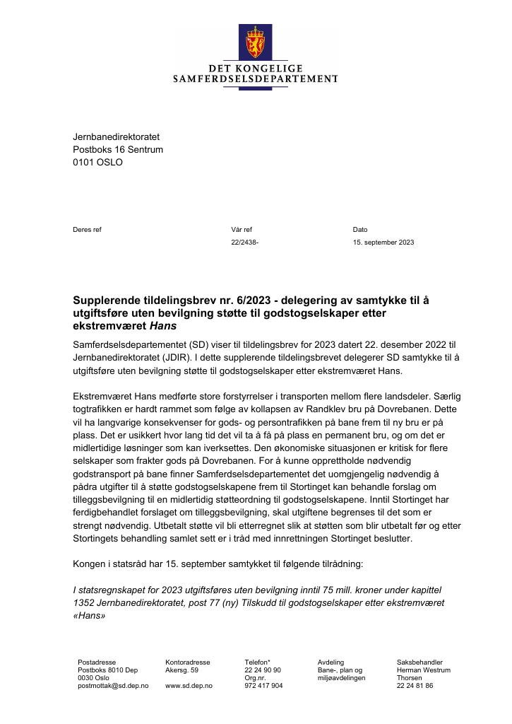 Forsiden av dokumentet Tildelingsbrev Jernbanedirektoratet 2023 - tillegg nr. 6