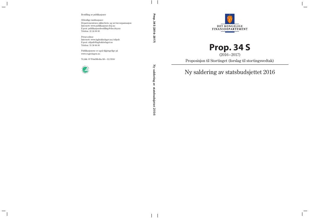 Forsiden av dokumentet Prop. 34 S (2016–2017)