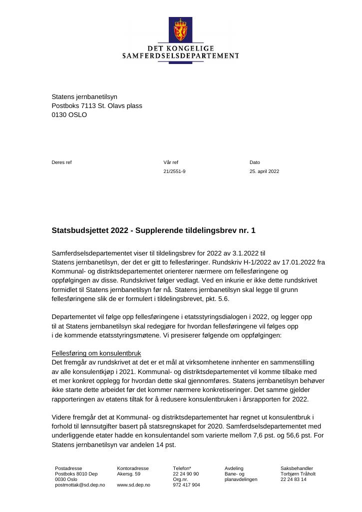 Forsiden av dokumentet Tildelingsbrev Statens jernbanetilsyn 2022 - tillegg nr. 1