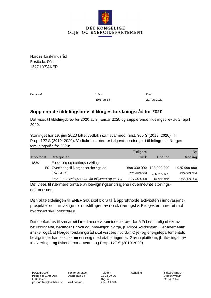 Forsiden av dokumentet Supplerende tildelingsbrev Norges forskningsråd 2020 - nr. 2