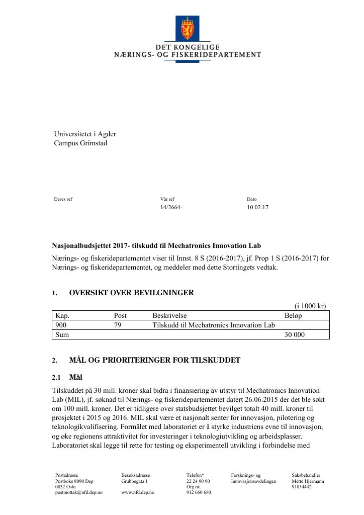 Forsiden av dokumentet Tilskuddsbrev