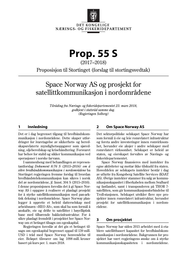 Forsiden av dokumentet Prop. 55 S (2017–2018)