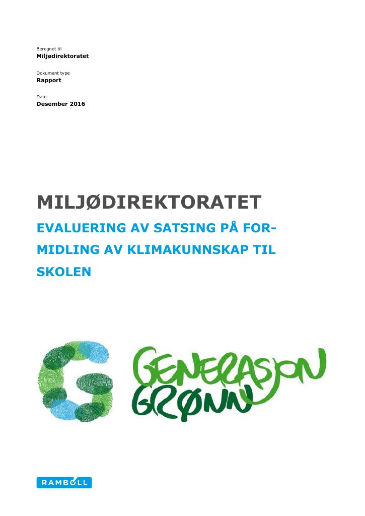 Forsiden av dokumentet Evaluering av satsing på formidling  av klimakunnskap til skolen. 