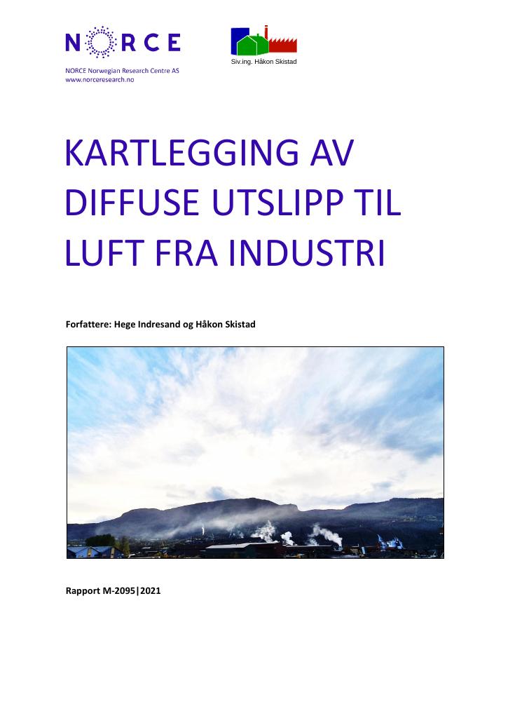 Forsiden av dokumentet Kartlegging av diffuse utslipp til luft fra industri M-2095