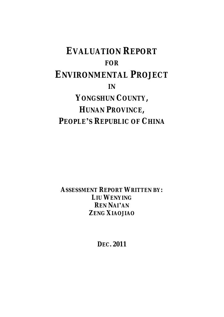 Forsiden av dokumentet Evaluation Report for Environmental Project in Youngshun Hunan