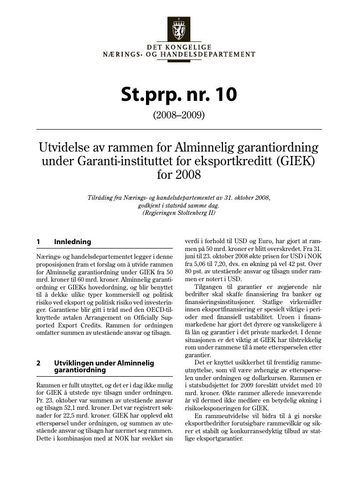 Forsiden av dokumentet St.prp. nr. 10 (2008-2009)
