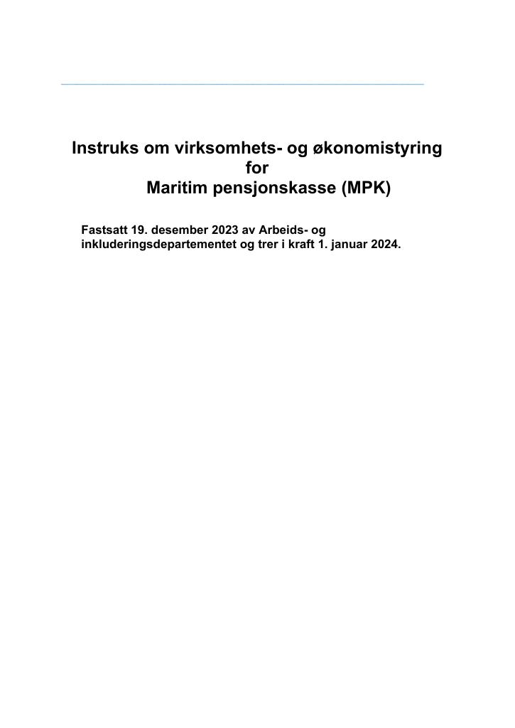 Forsiden av dokumentet Instruks om virksomhets- og økonomistyring for Maritim pensjonskasse