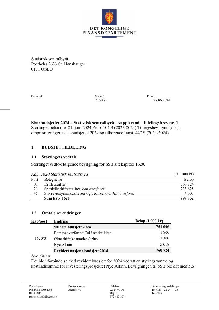 Forsiden av dokumentet Supplerende tildelingsbrev 1 2024