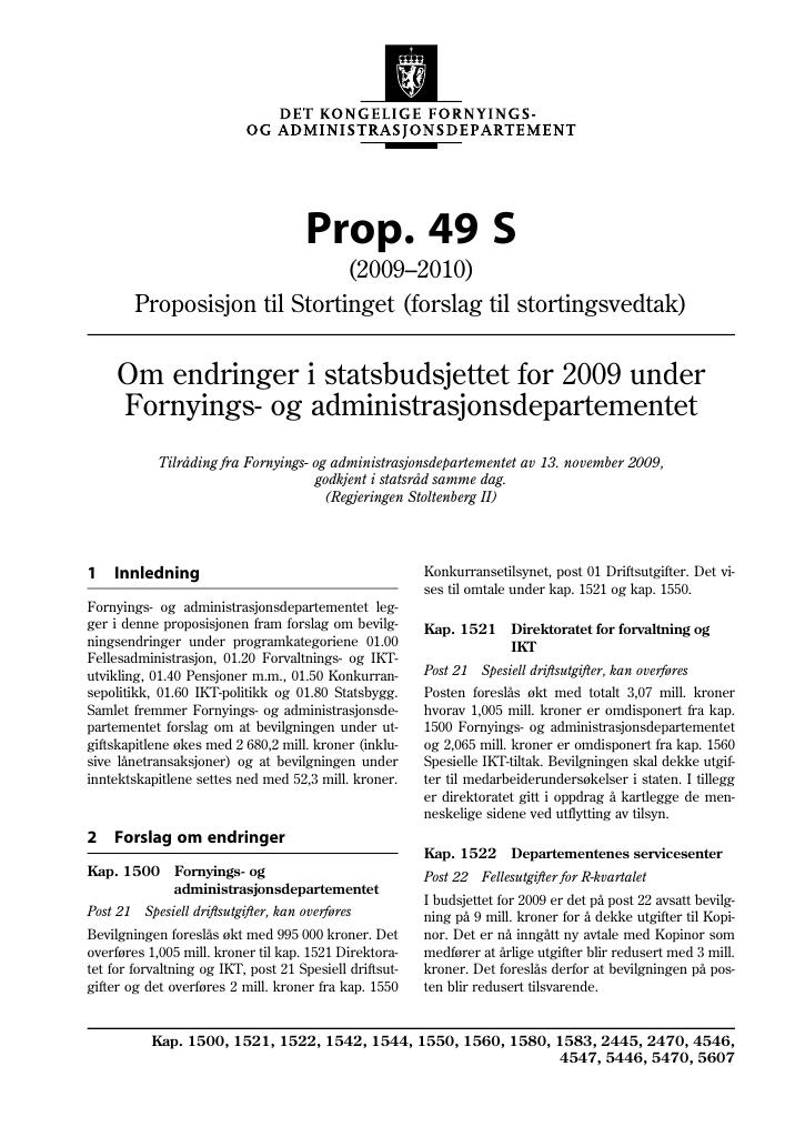 Forsiden av dokumentet Prop. 49 S (2009-2010)