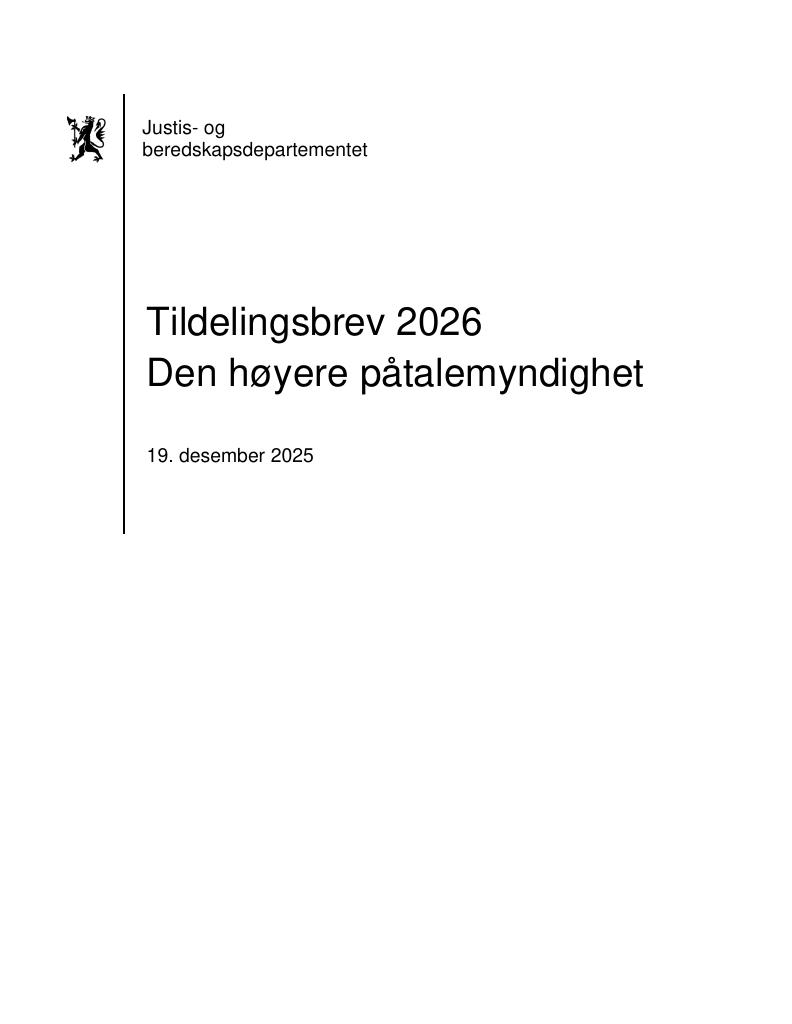 Forsiden av dokumentet Tildelingsbrev Riksadvokaten (Den høyere påtalemyndighet) 2026