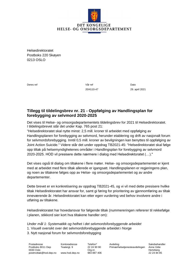 Forsiden av dokumentet Tildelingsbrev Helsedirektoratet 2021 - tillegg nr. 21