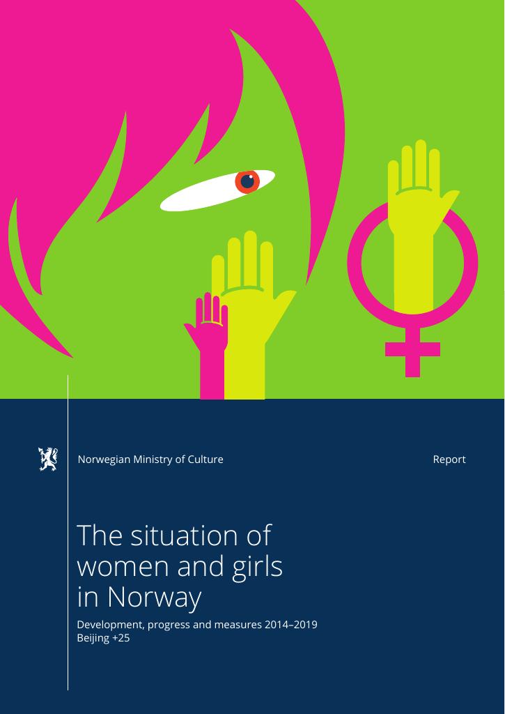Forsiden av dokumentet FN-rapportering fra Norge: Jenters og kvinners situasjon 2014-2019 (Beijing +25)