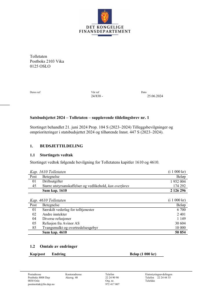 Forsiden av dokumentet supplerende tildelingsbrev nr. 1 2024