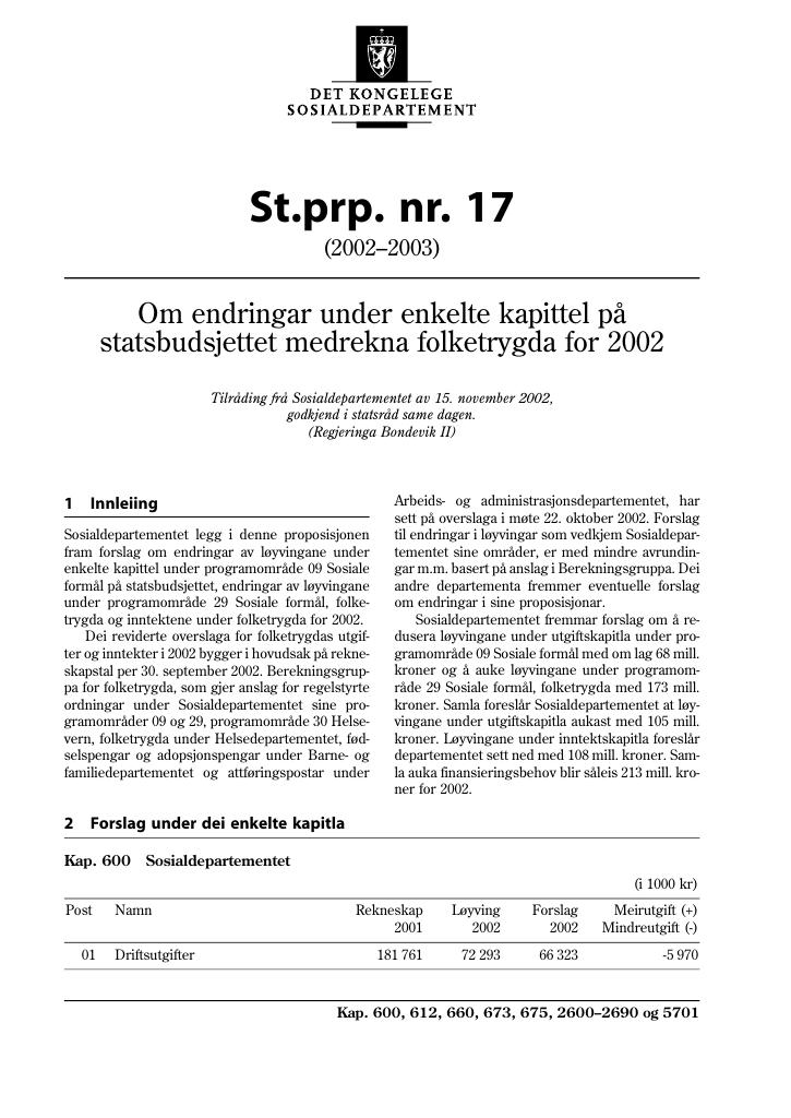 Forsiden av dokumentet St.prp. nr. 17 (2002-2003)