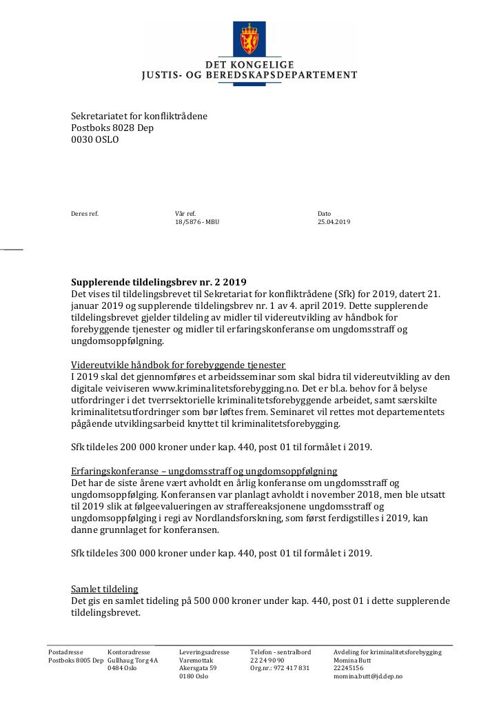 Forsiden av dokumentet Supplerende tildelingsbrev nr. 2 Sekretariatet for konfliktrådene 2019