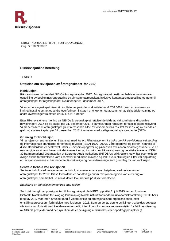 Forsiden av dokumentet Riksrevisjonens beretning