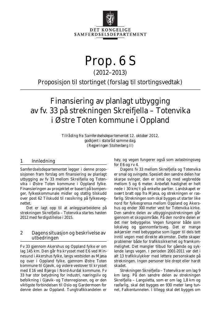 Forsiden av dokumentet Prop. 6 S (2012–2013)