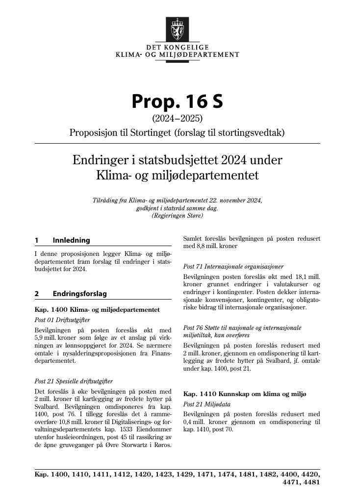 Forsiden av dokumentet Prop. 16 S (2024–2025)
