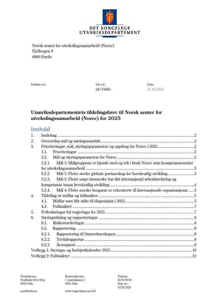 Forsiden av dokumentet Tildelingsbrev Norec 2025