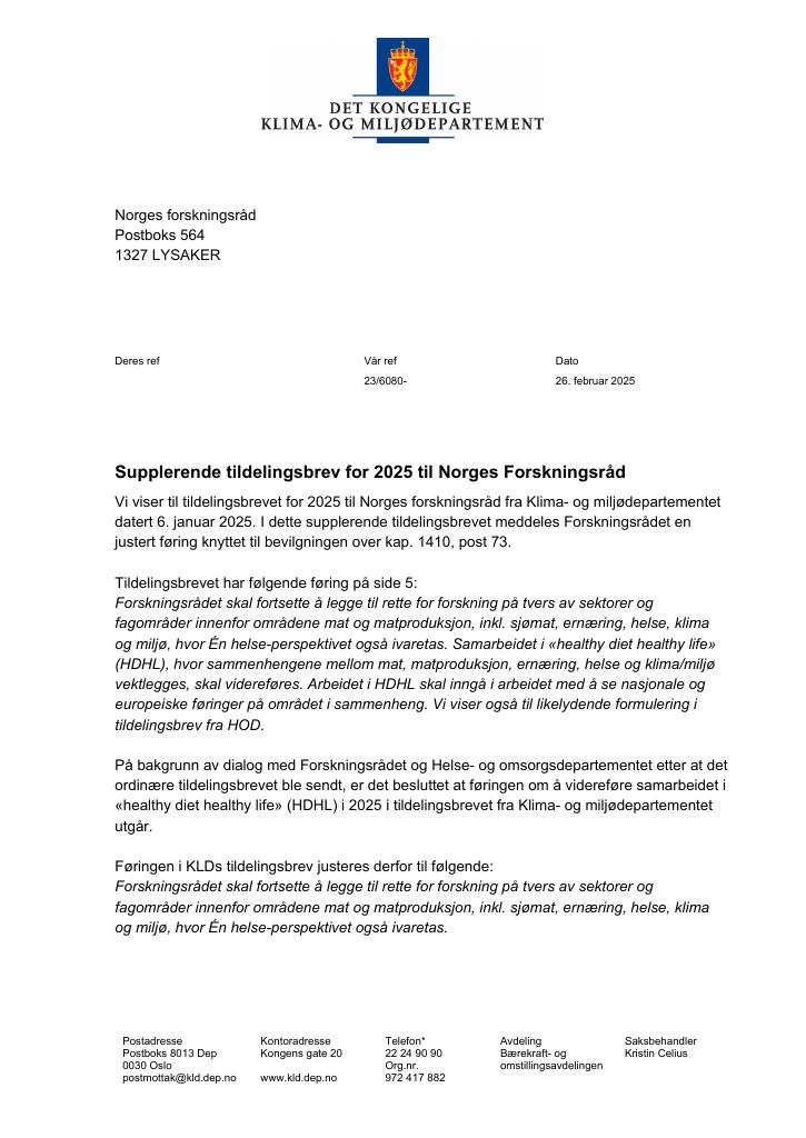 Forsiden av dokumentet Tildelingsbrev Norges forskningsråd 2025 - tillegg nr. 26