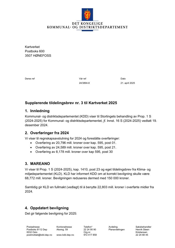 Forsiden av dokumentet Tildelingsbrev Kartverket 2025 - tillegg nr. 3