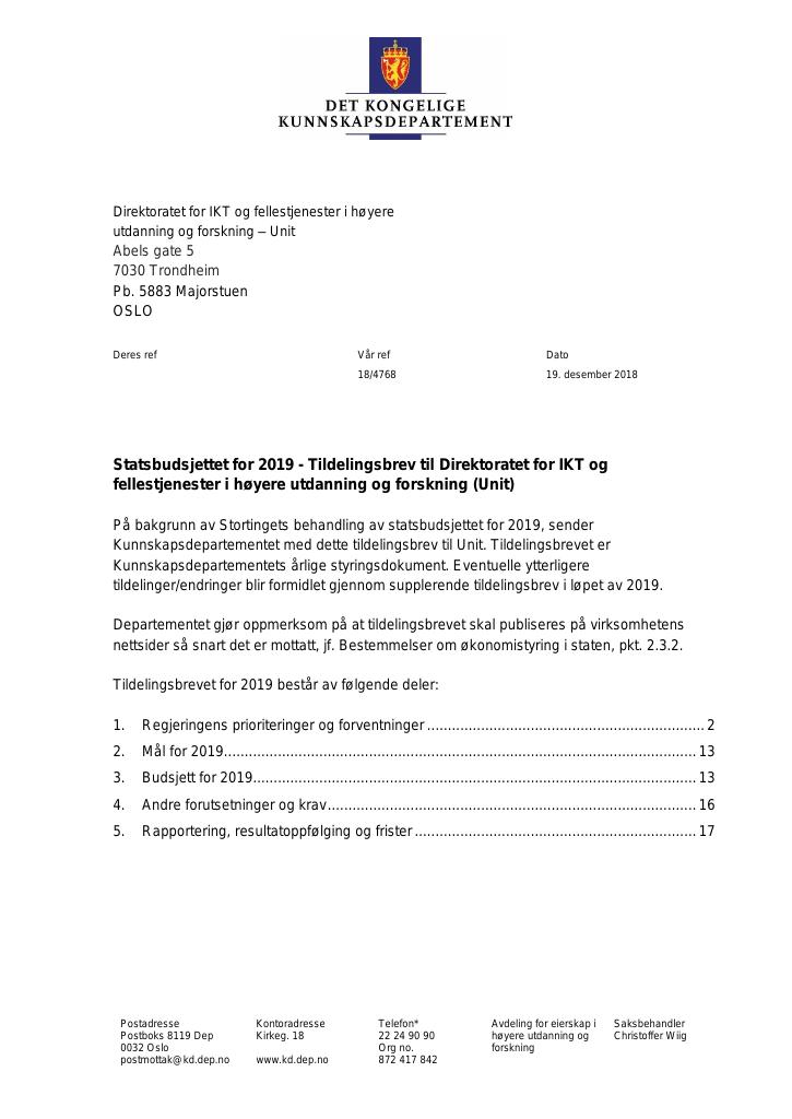 Forsiden av dokumentet Tildelingsbrev Direktoratet for IKT og fellestjenester i høyere utdanning og forskning (Unit) 2019
