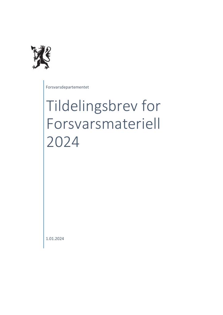 Forsiden av dokumentet Tildelingsbrev for Forsvarsmateriell 2024