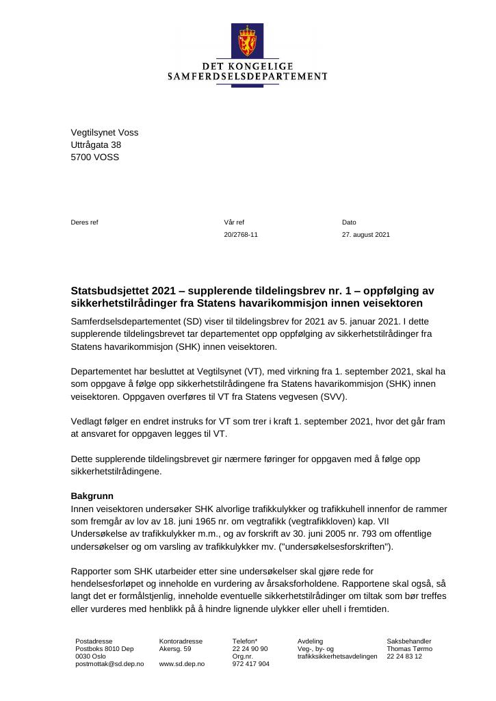 Forsiden av dokumentet Tildelingsbrev Vegtilsynet 2021 - tillegg nr. 1