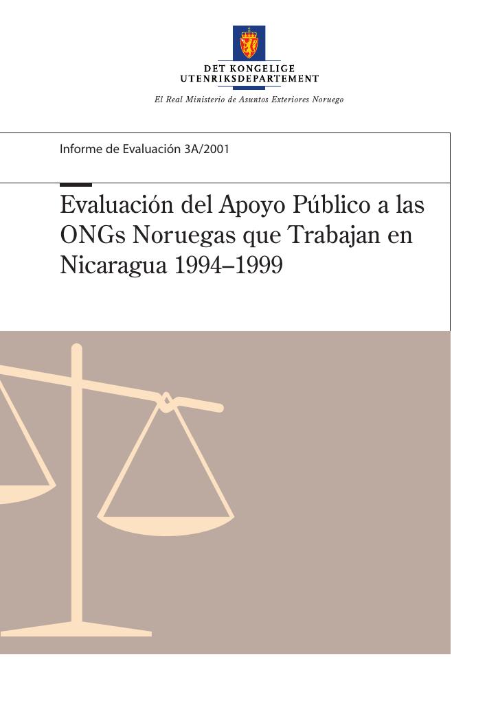 Forsiden av dokumentet Evaluación del Apoyo Público a las ONGs Noruegas que Trabajan en Nicaragua 1994–1999