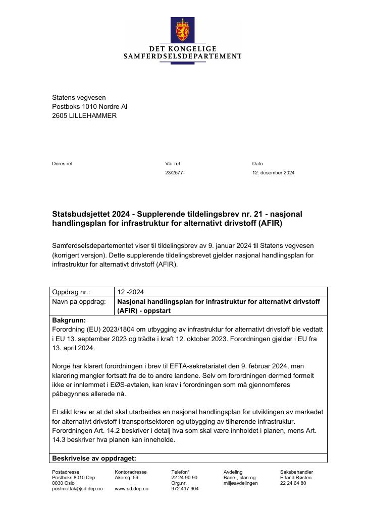 Forsiden av dokumentet Tildelingsbrev Statens vegvesen 2024 - tillegg nr. 21