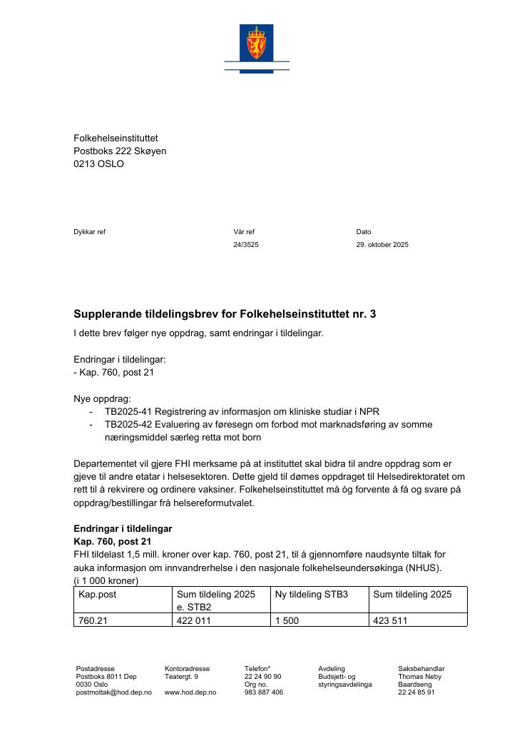 Forsiden av dokumentet Tildelingsbrev Folkehelseinstituttet 2025 - tillegg nr. 3