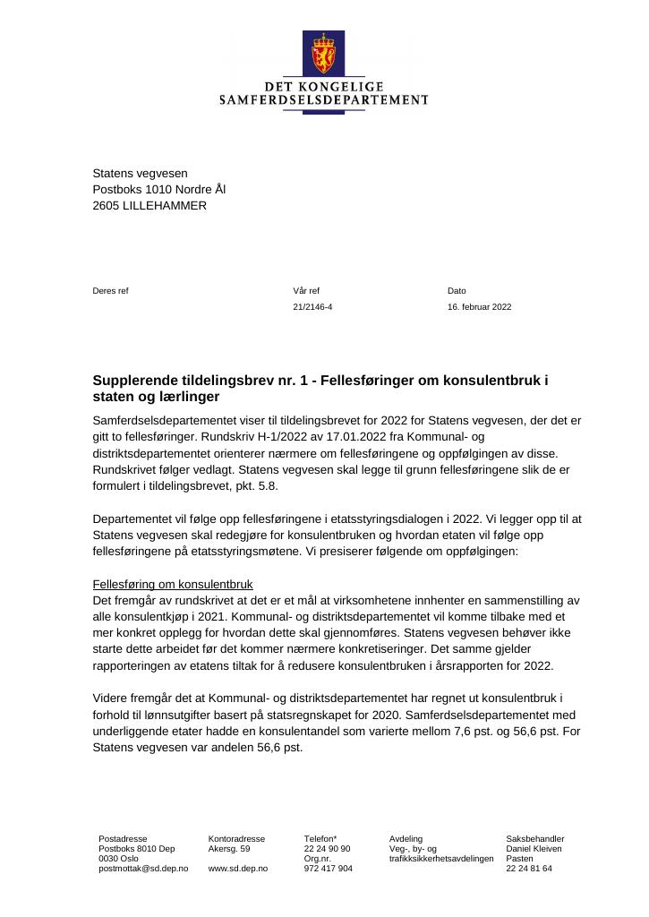 Forsiden av dokumentet Tildelingsbrev Statens vegvesen 2022 - tillegg nr. 1