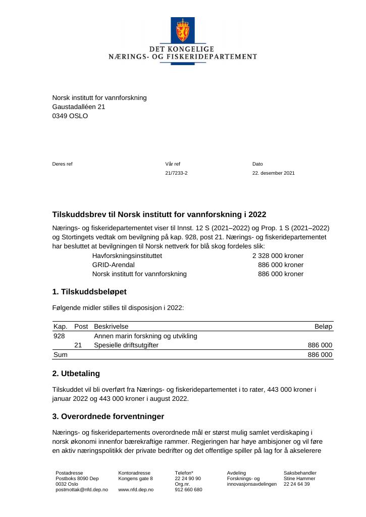 Forsiden av dokumentet Tilskuddsbrev til Norsk institutt for vannforskning i 2022