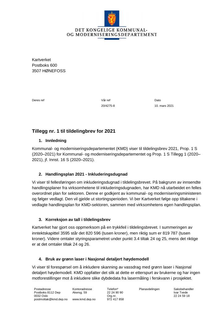 Forsiden av dokumentet Tildelingsbrev Kartverket 2021 - tillegg nr. 1