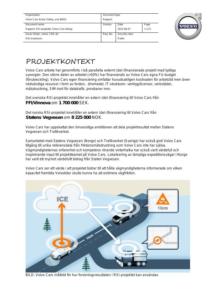 Forsiden av dokumentet RSI-projektet, Volvo Cars bidrag