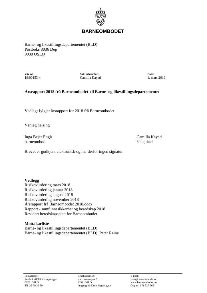 Forsiden av dokumentet Årsrapport Barneombodet 2018