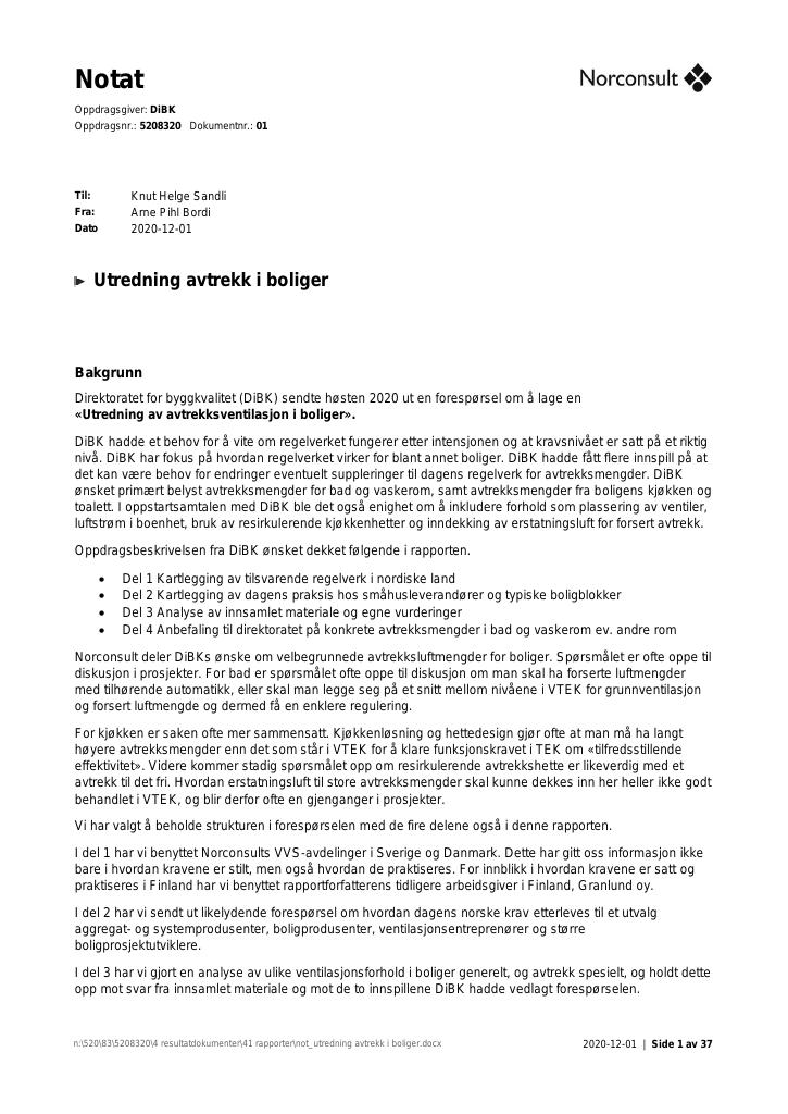 Forsiden av dokumentet Utredning avtrekk i boliger