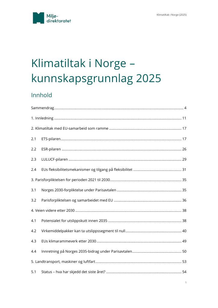 Forsiden av dokumentet Klimatiltak i Norge: Kunnskapsgrunnlag 2025 : M-2920