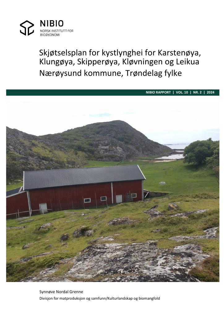 Forsiden av dokumentet Skjøtselsplan for kystlynghei for Karstenøya, Klungøya, Skipperøya, Kløvningen og Leikua. Nærøysund kommune, Trøndelag fylke