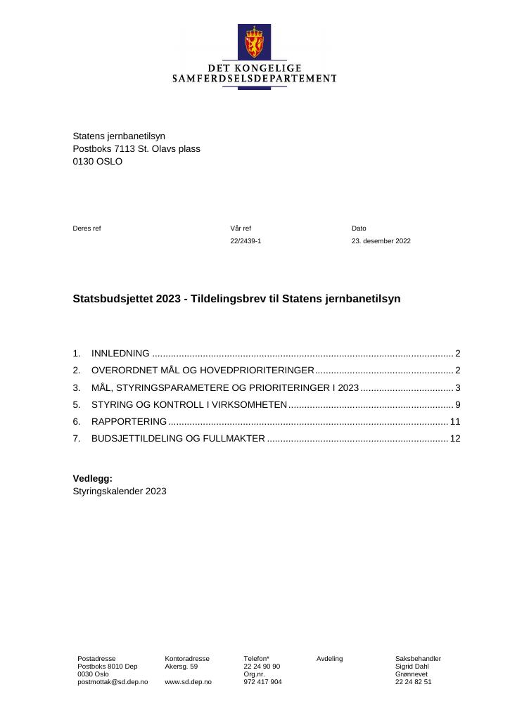 Forsiden av dokumentet Tildelingsbrev Statens jernbanetilsyn 2023