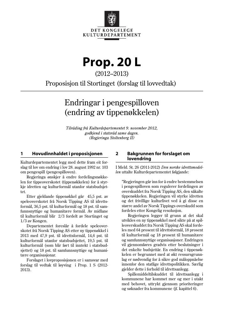 Forsiden av dokumentet Prop. 20 L (2012–2013)