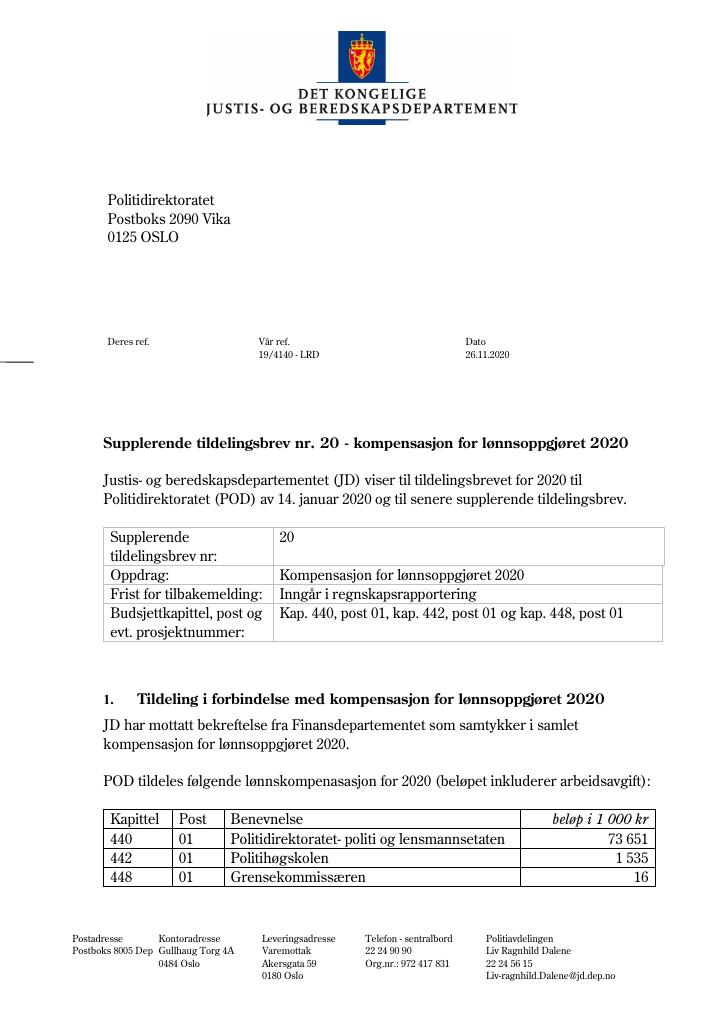 Forsiden av dokumentet Supplerende tildelingsbrev Politidirektoratet 2020 - nr. 20