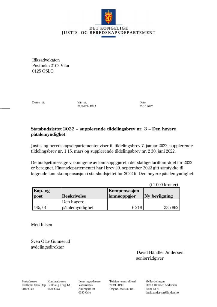 Forsiden av dokumentet Tildelingsbrev Den høyere påtalemyndighet 2022 - tillegg nr. 3