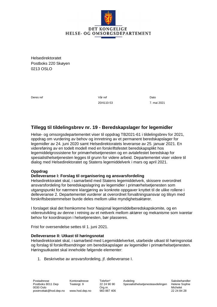 Forsiden av dokumentet Tildelingsbrev Helsedirektoratet 2021 - tillegg nr. 19