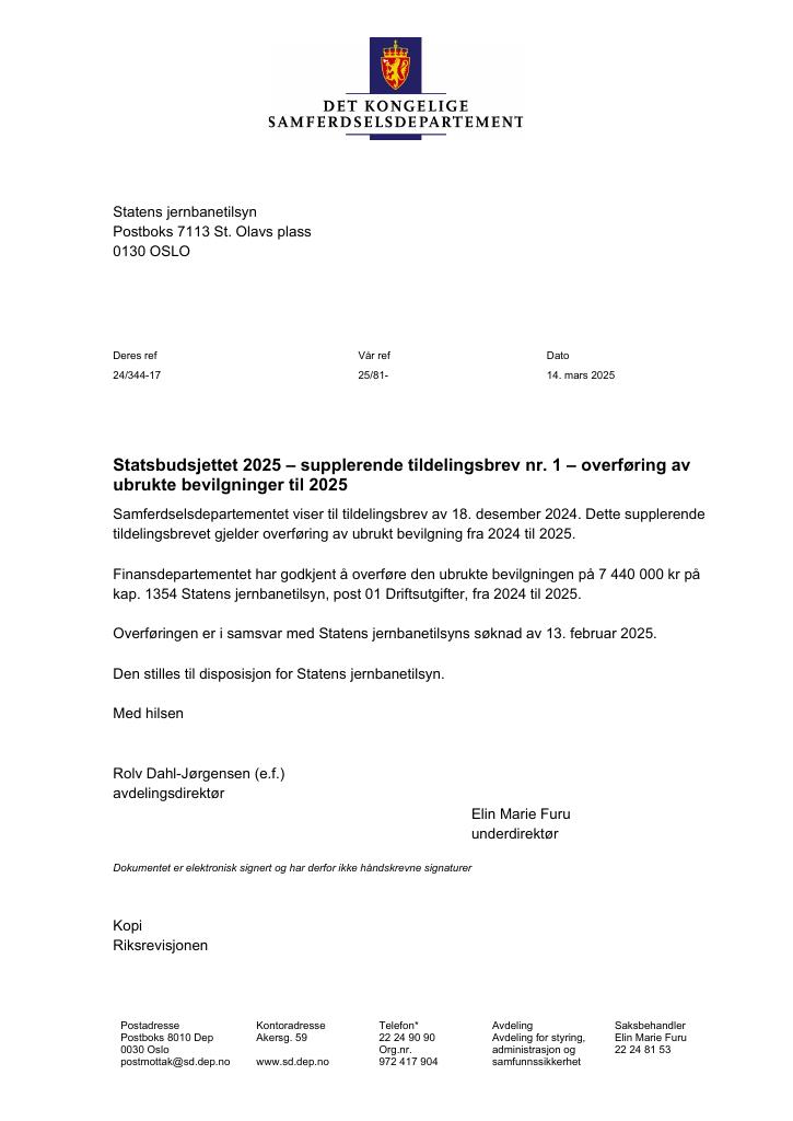 Forsiden av dokumentet Tildelingsbrev Statens jernbanetilsyn 2025 - tillegg nr. 1