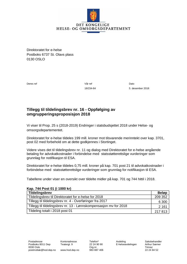 Forsiden av dokumentet Tildelingsbrev Direktoratet for e-helse 2022 - tillegg nr. 16