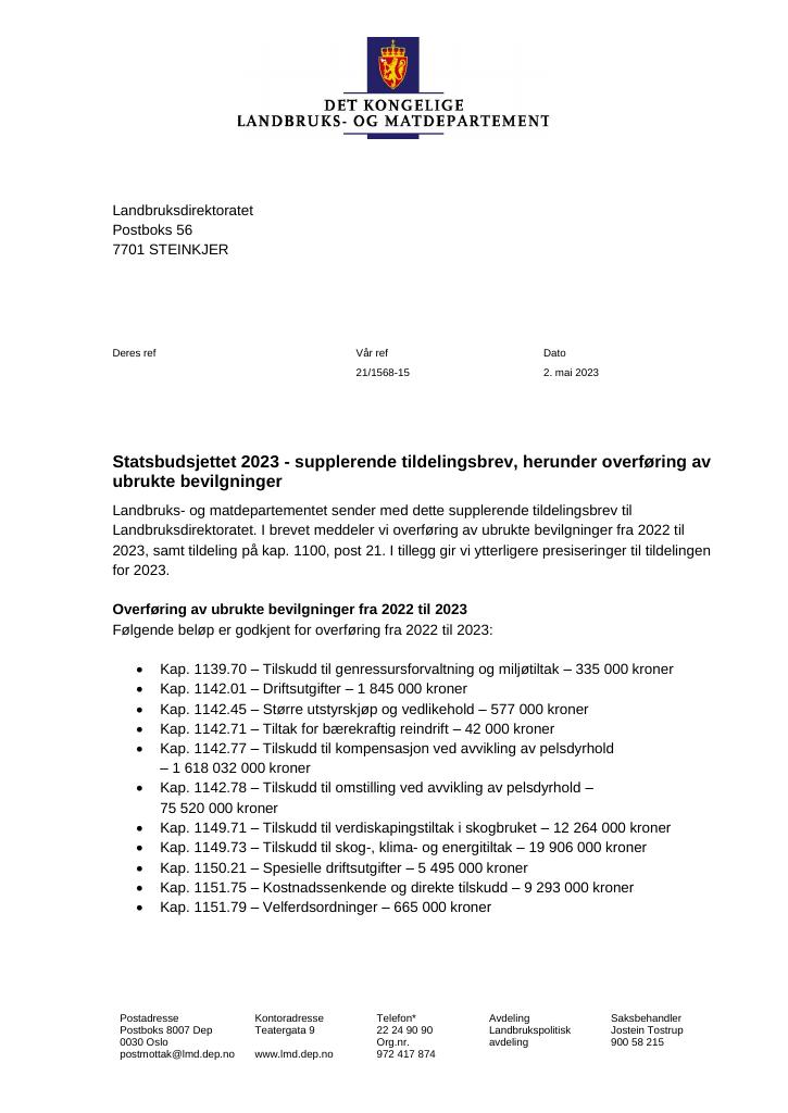 Forsiden av dokumentet Tildelingsbrev Landbruksdirektoratet 2023 - tillegg