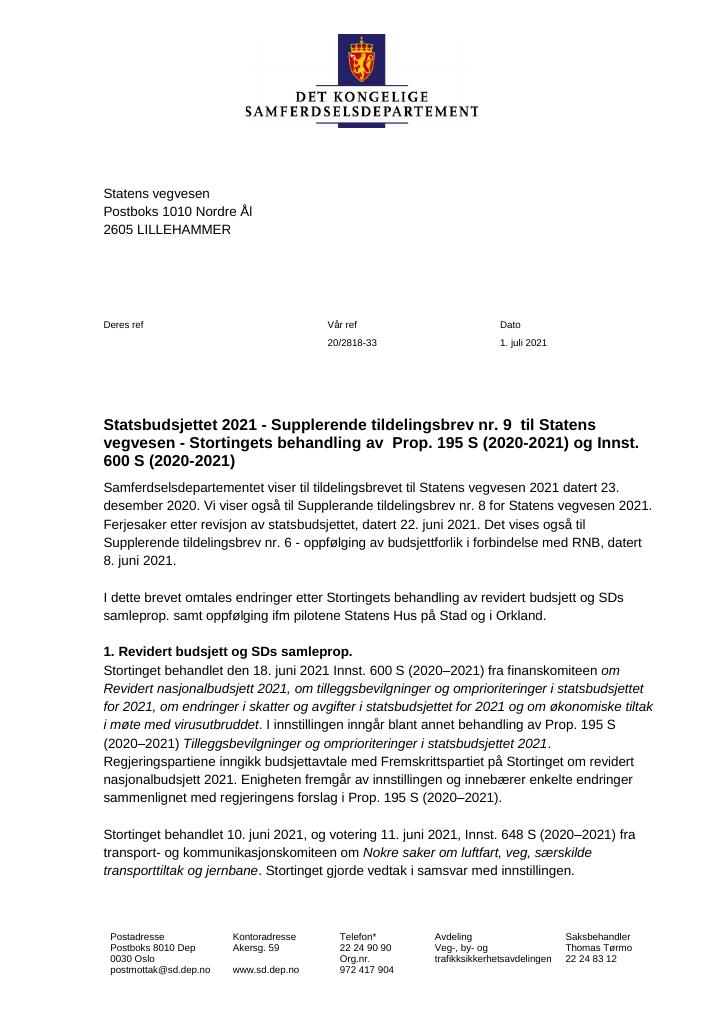 Forsiden av dokumentet Tildelingsbrev Statens vegvesen 2021 - tillegg nr. 9